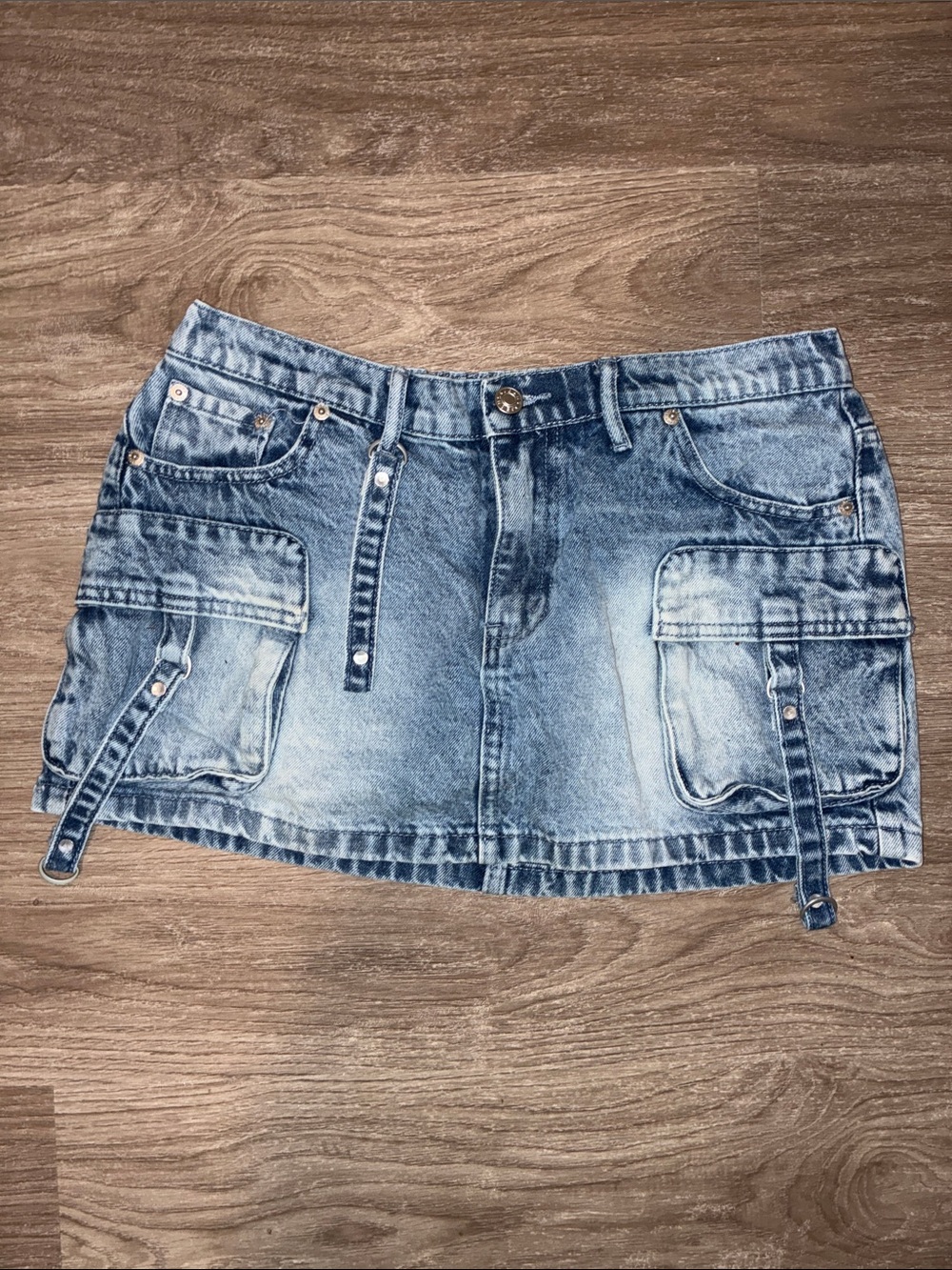 Y2K Cargo Denim Mini Skirt Large Low Rise Acid Wash Snap Button